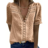 Haxmnou kratki gornji rukav u boji Casual majica Žene Čipkasti Solid V izrez Modna ženska bluza Beige