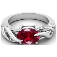 Sterling srebrni 9x ovalni oblik sintetički ruby ​​pasijans ženski zaručni prsten