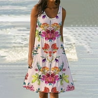 Haljina za žene, ženska ljetna cvjetna print plaža haljina okrugla vrata bez rukava ružičasta 2xl
