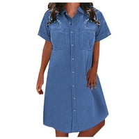 Ljetne haljine za žene kratki rukav čvrst seksi mini a-linijski dnevno odijelo V-izrez plavo xxl