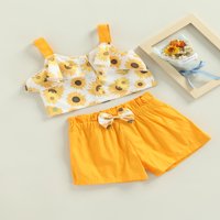 Bagilaanoe Toddler Baby Girls kratke hlače Postavite suncokret print rukavi bez rukava + kratke hlače