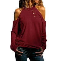 O-vrat s dugih rukava s ramena čvrste izdubljene bluze slatke ljetne vrhove za žene vino veličine 2xl