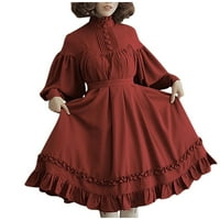 Clearsance Ljetne haljine za žene čipke okrugli dekolte A-line dužine koljena, casual dugih rukava crvena