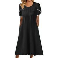 Crne haljine za žene Čvrsti kratki rukav okrugli vrat duge maxi casual haljina