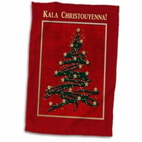 3drose Kala Christouyenna, sretan Božić u grčkom, božićnom drvcu na crvenom - ručnik, po