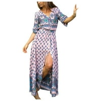 Ženska dugačka haljina s dugim rukavima V izrez cvjetna zabava Print plaža DEPT V VRATNA DRESS ZA ŽENE