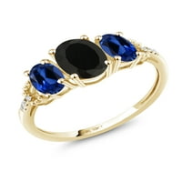 Gem Stone King 10k žuto zlato 3-kamen dijamantski angažman prsten ovalna crna black blue stvorila safir
