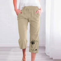 Borniu Capris za žene, Ležerne prilike ispisa elastične loze hlače, ravne široke nogu pantalone sa džepom,