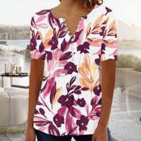 Žene Elegantne kratkih rukava TOPS Dressy casual gumb Up V izrez Pleted cvjetne majice Bluze Ljeto Comfy