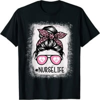Medicinska medicinska sestra izbijeljena košulja Pink Leopard Messy Bun medicina Životni majica Black
