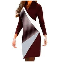 Ženska casual haljina V-izrez Geometrijski ispis Dugih rukava Dress Formalne Midi haljine za žene, vino