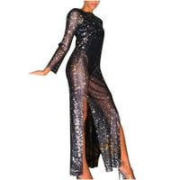 Ženski dugi rukav plus veličina treziva Side Split večernja haljina Dressy Maxi haljina Black XL