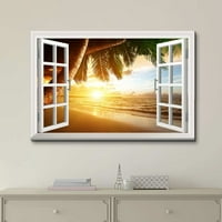 Pogledaj prozoru Zidna art 3D Creative Beach Sunset Sunset Galarna omotana platna umjetnost za spavaću