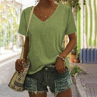 Ženske ljetne osnove Majica Solid Color Fashion V izrez Kratki rukav labav top, zelena, XXL, 95% poliester,