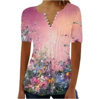 Scyoekwg kratki rukav ženski vrhovi V izrez labav fit bluza cvjetni ispis grafički trendy casual majice