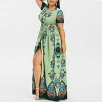 Bazyrey Maxi Summer Dresses for Women zazor tiskani ženski V-izrez casual s kratkim rukavima Labavi