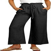 Ženske posteljine hlače casual labavo visoke strukske vučne struke široke noge Capri Palazzo hlače pantalone