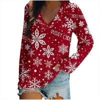 Honeeladyy prodaja Xmas Tree Snowflake tiskana košulja za žene Božićni pulover s dugim rukavima V izrez