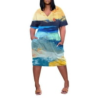 Sayhi ljetne haljine za žene plus veličine džepova casual v vrat solidan gradijent ispis Loose midi