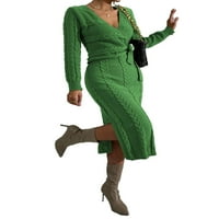 Elegantna ravnica V izrez dugih rukava zelena ženska haljina džemper