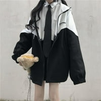 Ženski crni bijeli kontrastni kaput casual patentni kaputić s kapuljačom dugim kaputom Petite kardigan