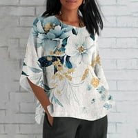 Huachen Womens Ljeto pamučno posteljina labava fit bluza s rukavima retro tiskani majica