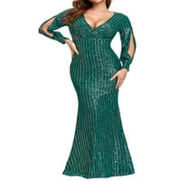 Leuncero dame maxi haljine dugih rukava večernja haljina V izrez Ball haljina Slim Fit Solid Boja zelena