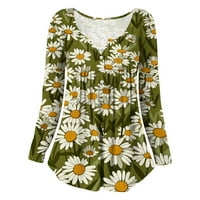 Ženski jeseni vrhovi cvjetni print dugih rukava okrugli izrez Ruched pulover zeleni s