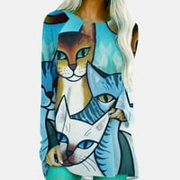 Ženske modne apstraktne mačke Ispis dugih rukava uzročno labavi vrhovi bluza plavi xl