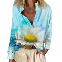 Rukavi za žensku žensku majicu ženski cvjetni print casual top v izrez košulje s dugim rukavima pamučna
