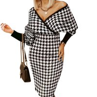 Ženska jesen i zimski Geometrijski print V-izrez za brzo uklapanje Hip Midi haljina
