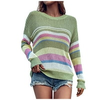 Anuirheih Crewneck pletene džempere za žene labavi fit modni strip dugi rukav pulover okruglog vrata,