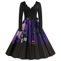 Daqian haljine za žene plus veličine Ženski vintage print dugih rukava V-izrez Halloween večernje haljine