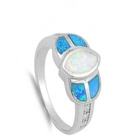 Plavi bijeli simulirani opal jasan kubni cirkonijski prsten. Sterling srebrni bend nakit ženske veličine