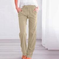 Ženske pamučne posteljine hlače od pune boje elastične casual pantalone sa visokim strukima labave pantalone