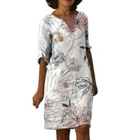 Ljetne haljine za ženske ležerne vintage print V izrez srednje dužine polovice haljine od pola rukava