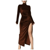 Ljetne haljine Trendy Visoko vrat Dužina za gledanje Leirure A-line Puna haljina s dugim rukavima smeđa