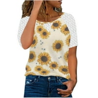 Ecqkame ženska casual vrhovi Ljeto tiskovina majica kratkih rukava bluza okrugla vrat casual čipkasti