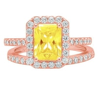 2. CT Sjajni smaragdni rez simulirani žuti dijamant 18k Rose Gold Halo Pasijans sa akcentima Bridal