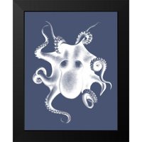 FAB Funky Crna modernog uokvirenog muzeja Art Print pod nazivom - Bijela hobotnica na indigo plavom