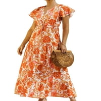 Uhndy ljetne duge haljine za žene cvjetni print Boho Beach Maxi haljina dame kratki rukav V rect haljina