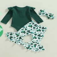 Lamuusaa Baby Girl Green Road Outfits, Spring Dug Fly rukava Crew The Crws Clover Print Flare hlače