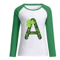 Žene majica O-izrez Abeceda Ispis majica s dugim rukavima Zelena bijela boja Blok opružnice StpAtrick's