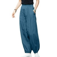 Tobchonp pamučne posteljine ženske pantalone pune boje ležerne dukseve elastične struke široke noge labave hlače za žene pantalones de mujer nebo plave s