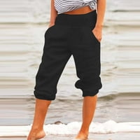 Pantalone za žene ženski povremeni džep pamučne i posteljine obrezane pantalone Ljetne hlače, žene crne