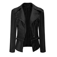 Xinqinghao modne žene rever PU kožne jakne kaput čvrste boje patchwork sredski jakne casual dugih rukava dnevne jakne crne m