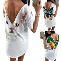 Ljetne žene majica kratkih rukava vrhovi tiskane mačke leptir majica duboki V natrag dugih majica