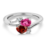 Gem Stone King Sterling Srebrna srčana oblika Pink je stvorio safir crveni granat dvostruki srčani prsten za žene za žene