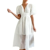 Biayxms Ženska ljetna elegantna haljina MESH PLAJ TEKSTURE Puff kratkih rukava V-izrez srednje haljina
