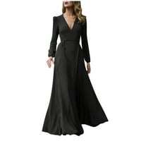 Ženska modna čvrsta boja V-izrez Velika ljuljačka haljina s dugim haljinom Black XL